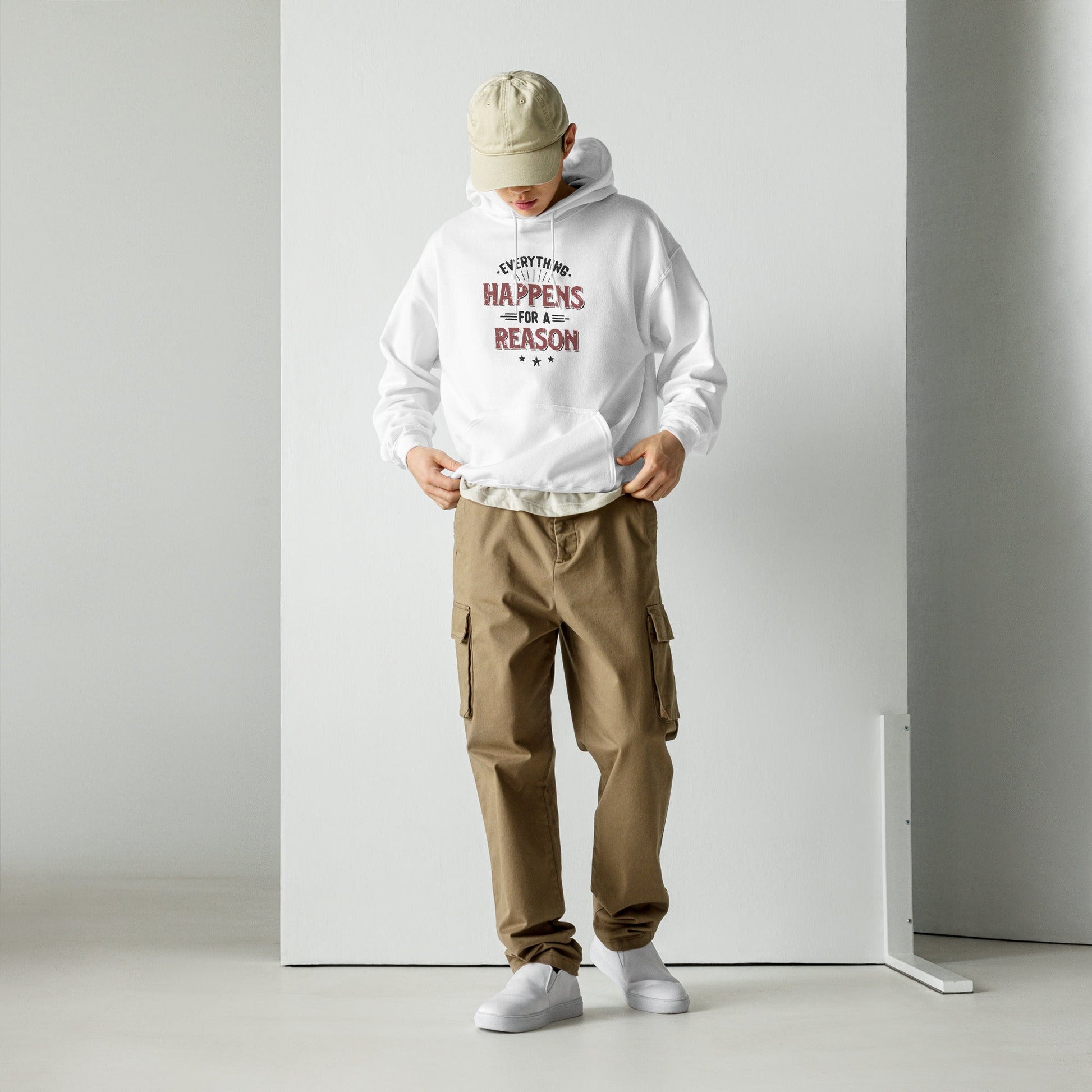 Mens Everything Happens For A Reason Hoodie - White - Pixellly ANZ